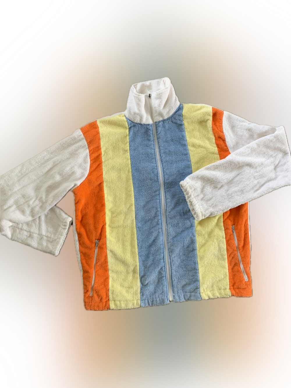 Vintage 70s JCPenney white blue orange yellow terrycloth zip up casual jacket